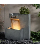 LuxenHome Cascading Gray with Speckled Black Rectangle 20-Inch Tall Resin Garden Fountain with Lights and Planter