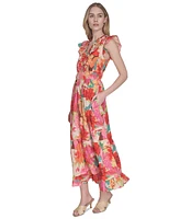 Vince Camuto Women's Floral-Print Ruffled-Shoulder Dress