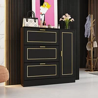 The 3 drawer cabinet with metal frame strips and a side cabinet,Black wooden shoe rack with adjustable partitions