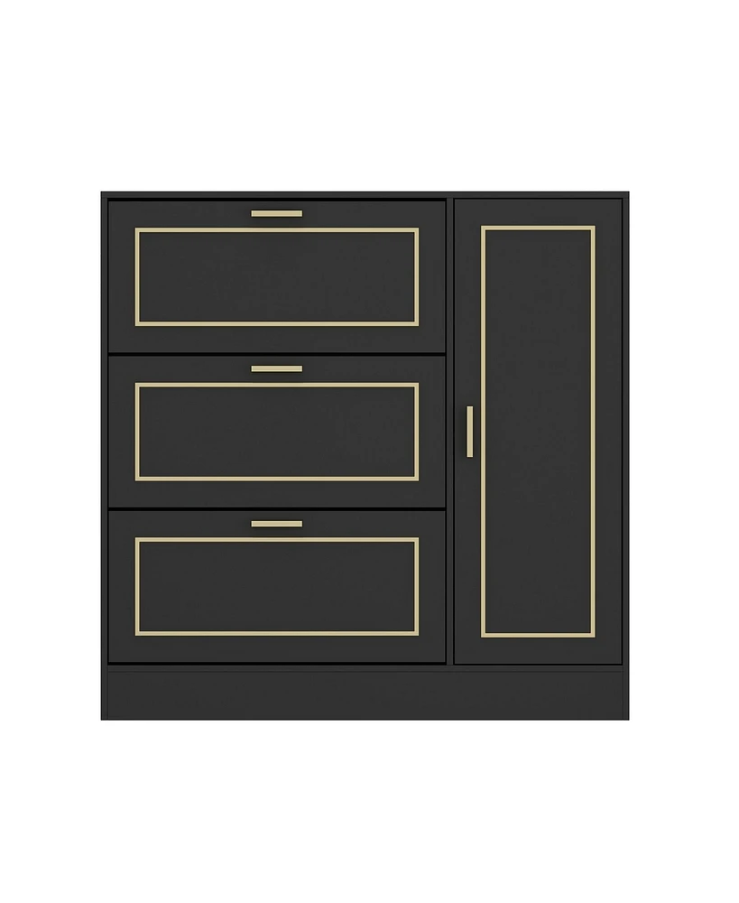 The 3 drawer cabinet with metal frame strips and a side cabinet,Black wooden shoe rack with adjustable partitions
