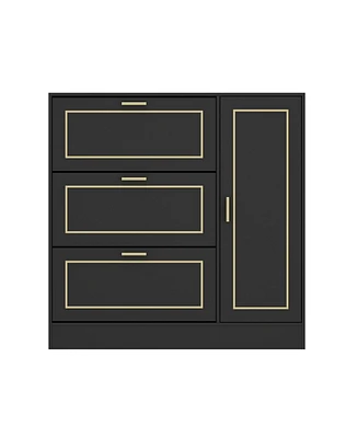The 3 drawer cabinet with metal frame strips and a side cabinet,Black wooden shoe rack with adjustable partitions