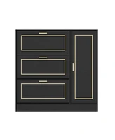 The 3 drawer cabinet with metal frame strips and a side cabinet,Black wooden shoe rack with adjustable partitions