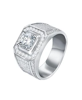 Bling Jewelry 2CTW Clear Cz Statement Halo Square Princess Cut Solitaire Promise Ring with Wide Micro Pave Band Silver Plated