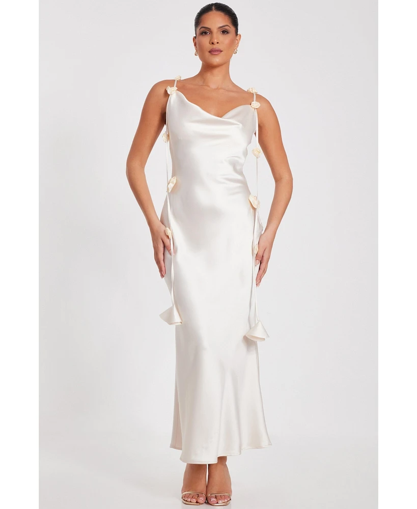 Quiz Women's Satin Cowl Neck Maxi Dress With Trailing Floral Trim