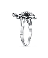 Bling Jewelry Nautical Hawaii Vacation Bff Friendship Three Best Friends Family Sea Turtle Ring Band Oxidized .925 Sterling Silver Split Shank Ring