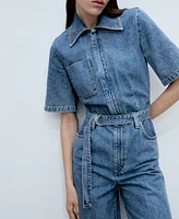 Mango Women's Denim Belt Jumpsuit