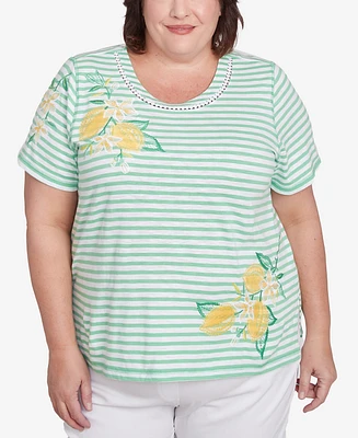 Alfred Dunner Plus Rise and Shine Lemon Printed Striped Top