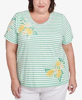 Alfred Dunner Plus Rise and Shine Lemon Printed Striped Top