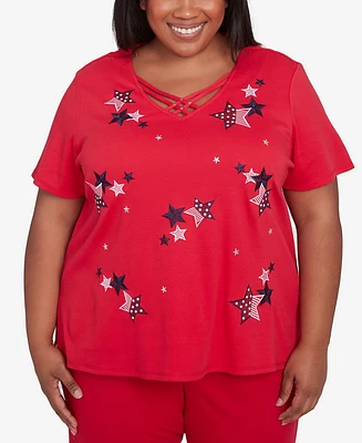 Alfred Dunner Plus Land of The Free Embroidered Stars V-Neck Top