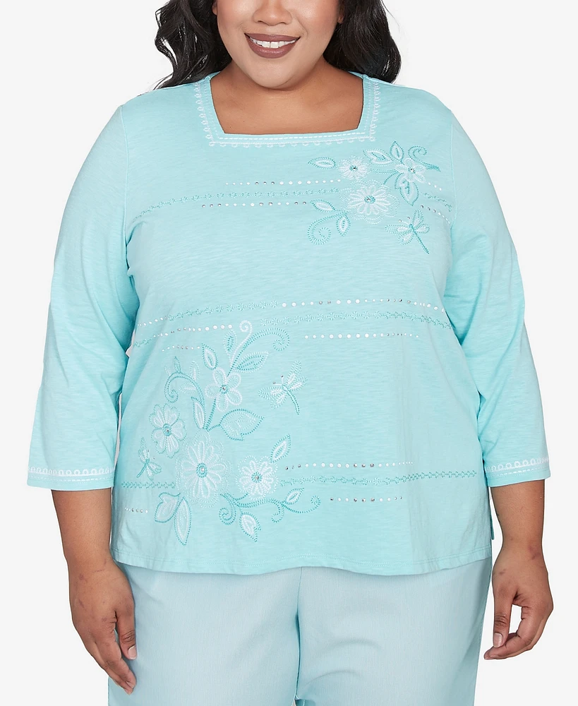 Alfred Dunner Plus St. Thomas Asymmetrical Dragonfly Embroidery Top