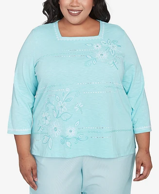 Alfred Dunner Plus St. Thomas Asymmetrical Dragonfly Embroidery Top