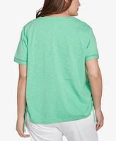 Alfred Dunner Plus Rise and Shine Dot Lace Trimmed Short Sleeve Top