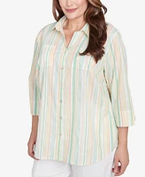 Alfred Dunner Plus Rise and Shine Sunny Stripes Button Down Top