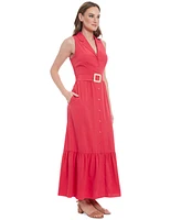 London Times Women's Sleeveless Tiered Maxi Shirtdress