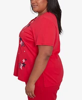 Alfred Dunner Plus Land of The Free Embroidered Stars V-Neck Top