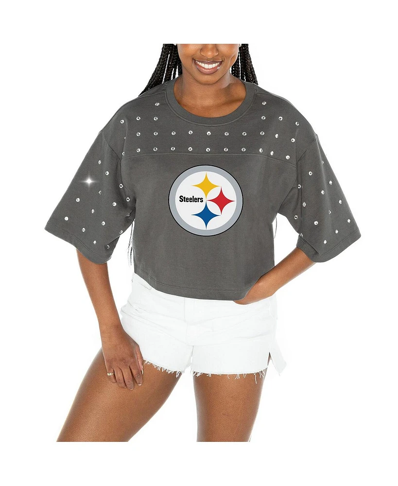 Gameday Couture Women's Gray Pittsburgh Steelers All-Over Rhinestone Cropped Oversized T-Shirt