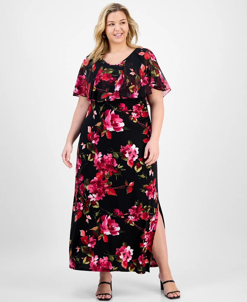 Connected Plus Floral Cape-Overlay Maxi Dress