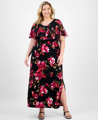 Connected Plus Floral Cape-Overlay Maxi Dress