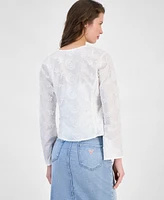 Guess Women's Long-Sleeve Embroidered Tie-Front Top