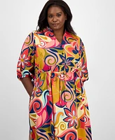 Sandra Darren Plus Printed Drawstring-Waist Shirtdress