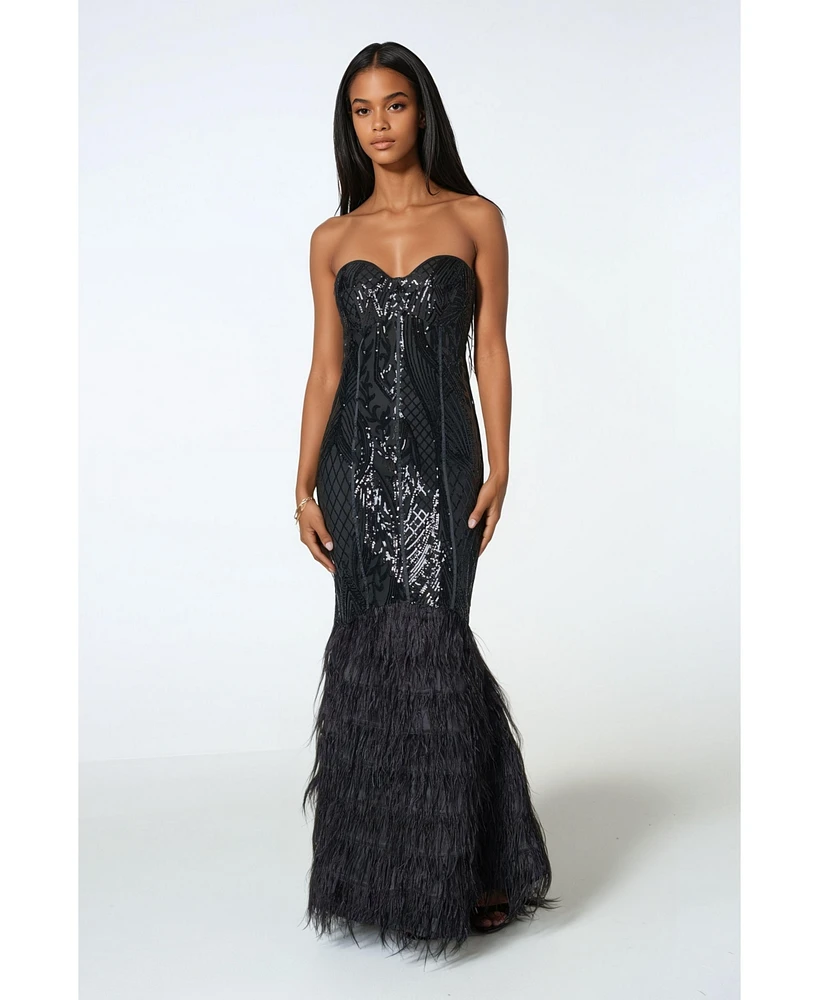 Bebe Women's Sequin Feather Gown