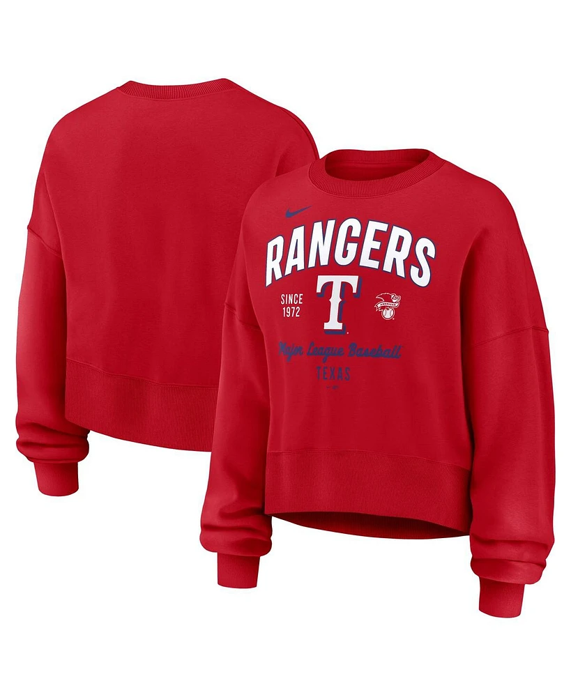 Nike Women's Red Texas Rangers Oversized Long Sleeve Cropped Pullover Sweatshirt