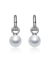 White Gold Plated with Round Pearl Huggie Drop Earrings