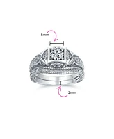 Bling Jewelry Deco Style Milgrain 1CTW Cubic Zirconia Promise Ring Set Sterling Silver