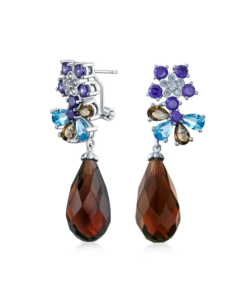 Bling Jewelry Purple Burgundy Cz Cubic Zirconia Fashion Flower Statement Dangle Teardrop Earrings Silver Plated