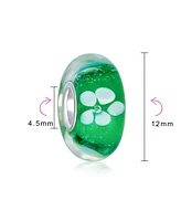 Bling Jewelry Translucent Floral Green White Flower Spacer Charm Bead Murano Glass .925 Sterling Silver Core