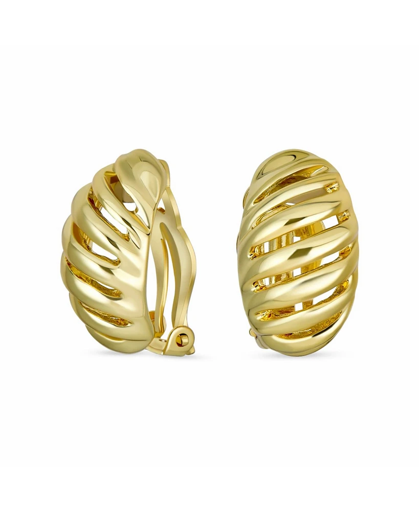Bling Jewelry Geometric Grooved Twist Shrimp Half Hoop Classic Diagonal Stripe Two Tone Dome Clip On Earrings For Non Pierced Ears Gold Silver P