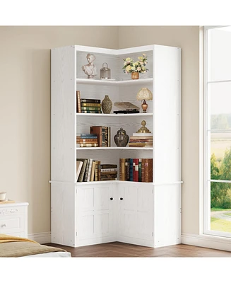 Corner Bookshelf with Doors, 6 Tier Bookcase with Storage