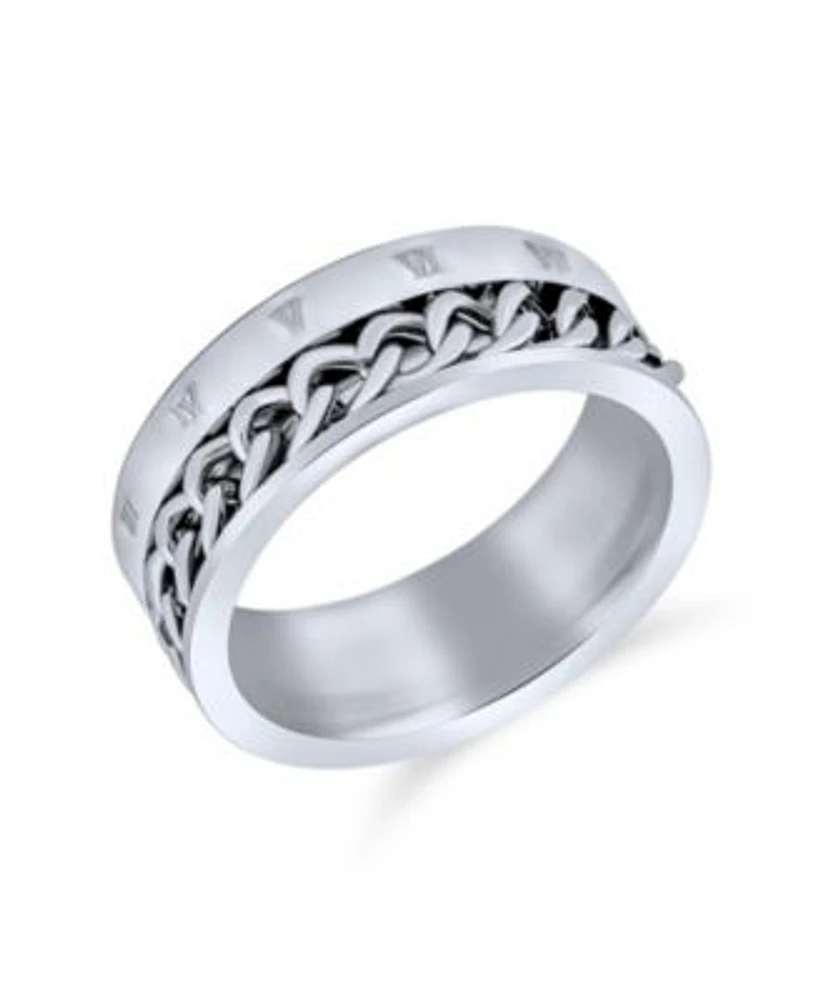 Bling Jewelry Biker Rope Chain Cable Atlas Numeral Band Ring Oxidized Silver Tone Stainless Steel 8MM Wide