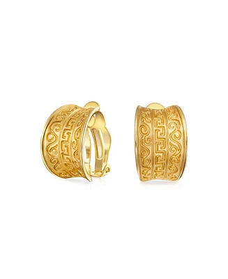 Bling Jewelry Egyptian Greek Motif Wide Half Hoop Clip On Earrings Non Pierced Ears Matte Gold Plated Brass