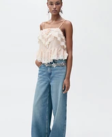 Mango Women's Wide Leg Low Frayed Hem Jeans