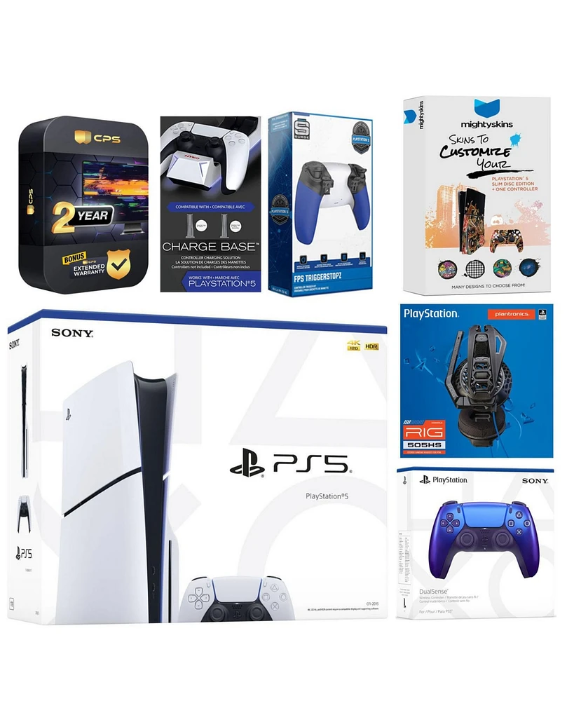 Sony Playstation 5 Slim Disc with Extra Cosmic Red Controller, Plantronics Headset, Trigger Stop Kit, Charge Dock and MightySkins Decal Voucher + 2 Ye