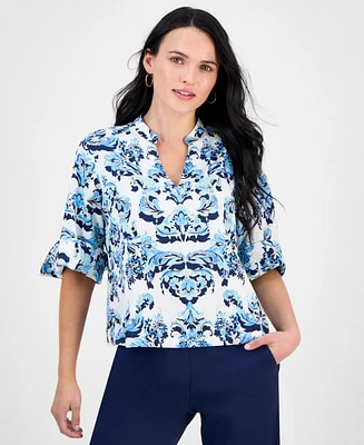 Jm Collection Petite Floral-Print Split-Neck Cuffed-Sleeve Top, Exclusively at Macy's