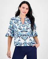 Jm Collection Petite Floral-Print Split-Neck Cuffed-Sleeve Top, Exclusively at Macy's