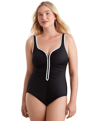 Shape Solver Sport by Mimi Flamingo Women's Shirred-Side Zip-Up One-Piece Swimsuit