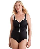 Shape Solver Sport by Mimi Flamingo Women's Shirred-Side Zip-Up One-Piece Swimsuit