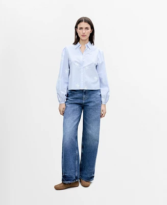 Mango Women's Flower Embroidered Striped Shirt
