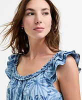Nautica Jeans Women's Palm-Print Sleeveless Shoulder-Ruffle Top
