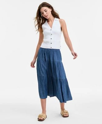 Nautica Jeans Womens Cotton Collared Sleeveless Sweater Three Tier Chambray Midi Skirt
