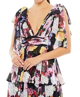 Mac Duggal Women's Floral Print Ruffled Sleeveless Soft Tie Dress
