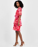 Tahari Asl Petite Printed Tie-Waist Chiffon A-Line Dress