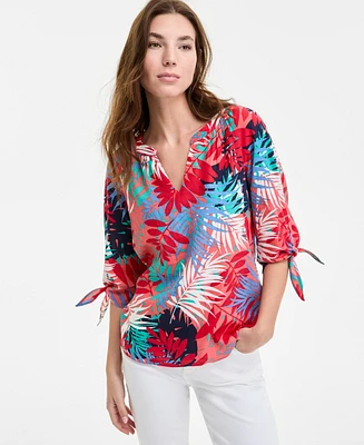 Jones New York Women's V-Neck Elbow Raglan-Sleeve Printed Blouse
