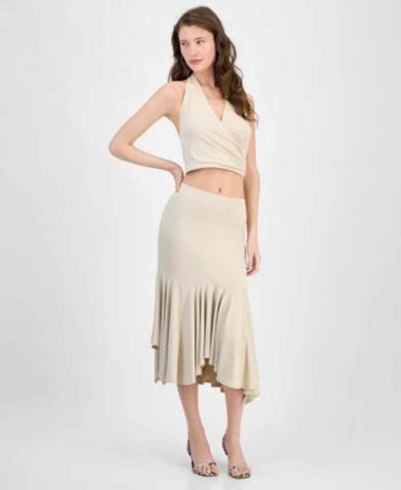 Guess Womens Kenzie Crossover Halter Neck Top Kenzie Pull On Flounce Midi Skirt