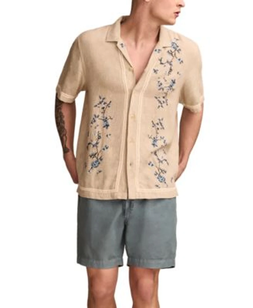 Lucky Brand Mens Regular Fit Floral Embroidered Button Down Camp Shirt Classic Fit 7 Drawstring Shorts