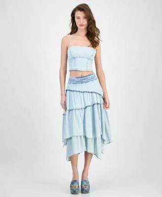 Guess Womens Nikki Denim Tie Back Cropped Top Tanya Layered Denim Maxi Skirt