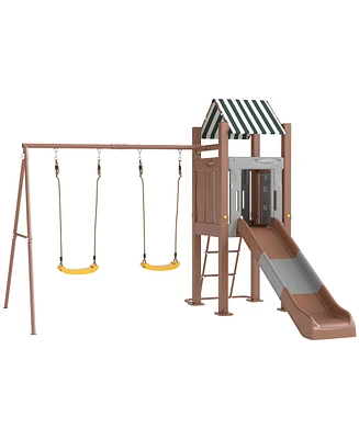 Qaba Kids Swing Set, Playground Set with Slide, 2 Swings, Fort with Canopy